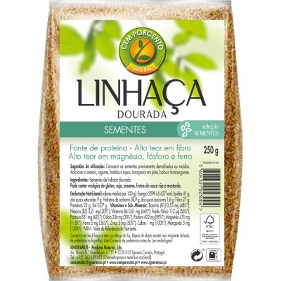 Pacote de sementes de linhaça dourada com etiqueta branca e verde