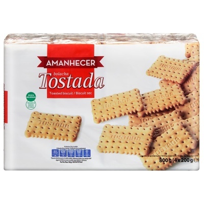 Pacote de bolachas tostadas Amanhecer com embalagem branca e vermelho.