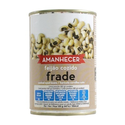 Lata de feijão cozido frade AMANHECER com rótulo branco e bege, mostrando feijões frade.