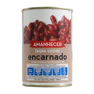 Lata de feijão cozido encarnado Amanhecer com etiqueta branca e vermelha