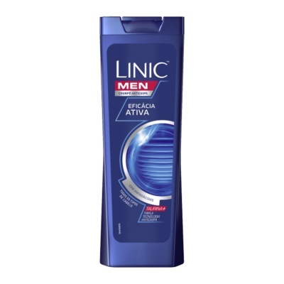 Frasco azul de champô masculino LINIC MEN com texto branco e vermelho