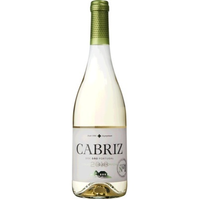 Garrafa de vinho branco Cabriz com rótulo branco e cápsula verde