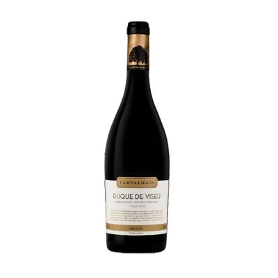 Garrafa de vinho tinto Carvalhais Duque de Viseu com rótulo branco e dourado