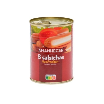 Lata de salsichas Amanhecer tipo Frankfurt com rótulo vermelho e imagem de salsichas e tomate