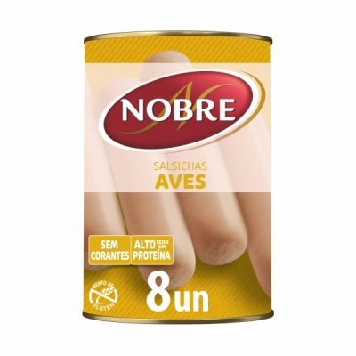Lata de salsichas de aves Nobre, 8 unidades, embalagem amarela e branca.