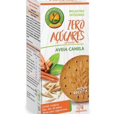 Embalagem de bolachas integrais Cem Porcento Natural aveia canela