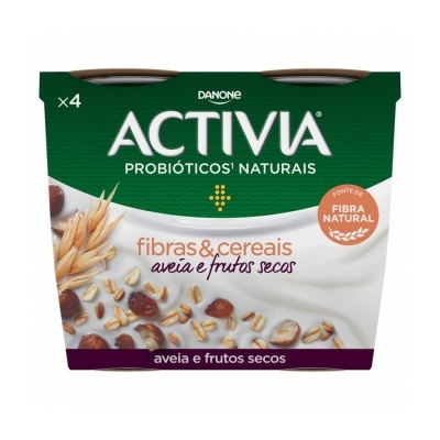 Pack de 4 iogurtes ACTIVIA fibras e cereais aveia e frutos secos.