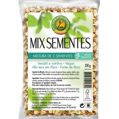 Embalagem com mistura de 5 sementes variadas, rótulo detalhado em português