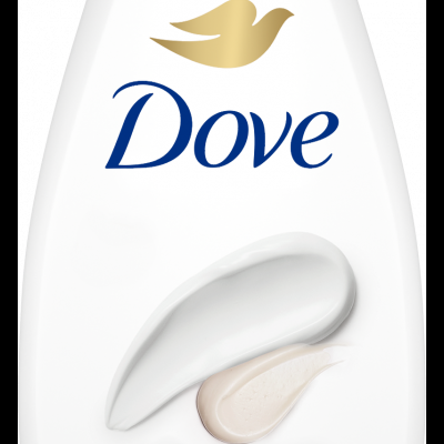 Frasco branco de gel de banho Dove de 720 ml com texto 'silky velvet' e logotipo da pomba dourada