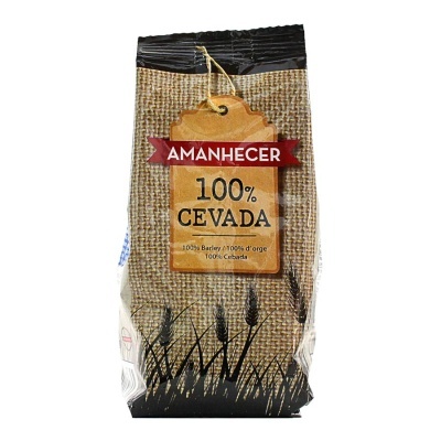 Pacote de cevada 100% AMANHECER com textura de saco de tecido e plantas pretas na base