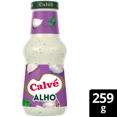 Molho de alho Calvé em frasco de vidro com tampa verde e rótulo lilás
