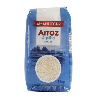 Pacote de arroz agulha Amanhecer 1 kg azul e branco