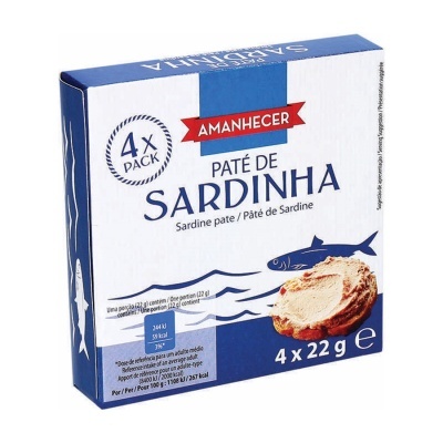 Embalagem de paté de sardinha Amanhecer 4x22g azul e branco