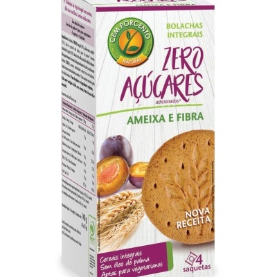 Embalagem de bolachas integrais zero açúcares sabor ameixa e fibra