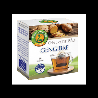 Caixa branca de chá de gengibre com imagem de chá num copo e gengibre fresco