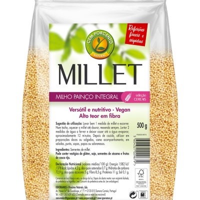 Embalagem de millet integral com texto em português
