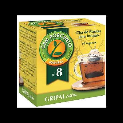 Embalagem de chá CEM PORCENTO NATURAL nº 8 GRIPAL calm amarela e verde com uma chávena de chá