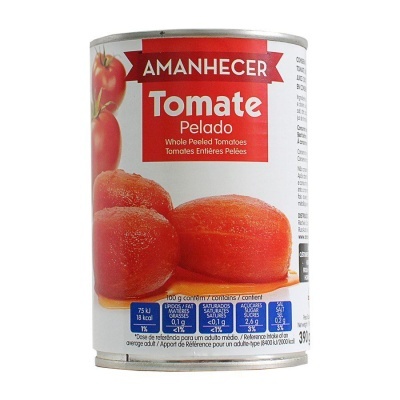 Lata de tomate pelado Amanhecer com imagem de tomates e texto vermelho e branco