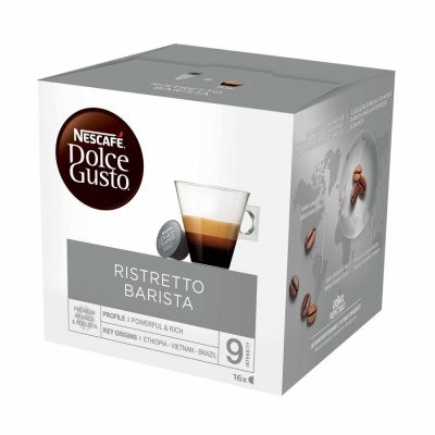 Caixa de cápsulas de café Nescafé Dolce Gusto Ristretto Barista com chávena de café e texto de intensidade 9.