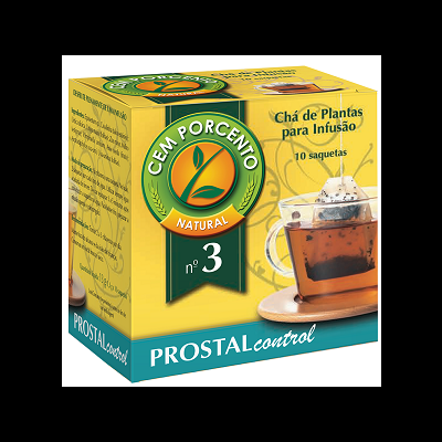 Caixa amarela e verde de chá CEM PORCENTO NATURAL nº 3 PROSTALcontrol com imagem de chá em chávena transparente