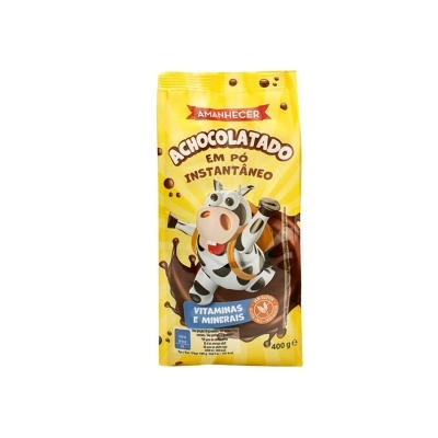 Pacote amarelo de achocolatado em pó instantâneo Amanhecer com vaca e texto