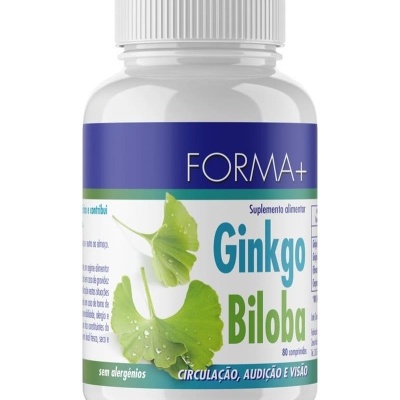 Frasco de suplemento alimentar Forma+ Ginkgo Biloba com folhas verdes e texto azul e verde