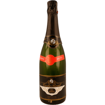 Garrafa de vinho espumante Corte Real com rótulo preto e fita vermelha BRUTO