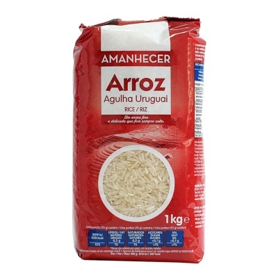Pacote vermelho de arroz Amanhecer Agulha Uruguai 1 kg com janela para arroz branco