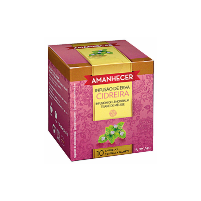 Caixa rosa e dourada de chá de erva cidreira AMANHECER com 10 saquetas
