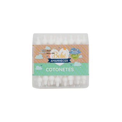 Pack de cotonetes para bebé com embalagem colorida e texto visível
