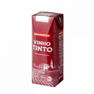 Caixa cartonada vermelha de vinho tinto Amanhecer com texto e paisagem desenhada