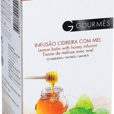 Caixa de infusão de cidreira com mel Gourmês com imagem de mel e folhas