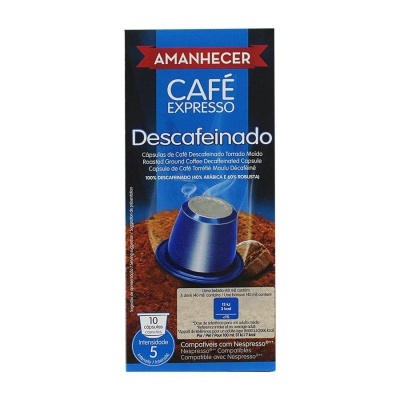 Embalagem azul de cápsulas de café expresso descafeinado Amanhecer com texto e imagem de cápsula azul