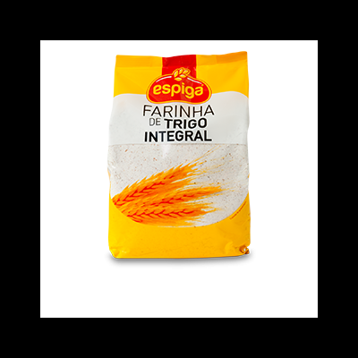 Pacote amarelo de farinha de trigo integral da marca Espiga com espigas de trigo