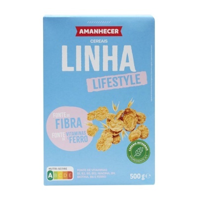 Pacote azul de cereais Amanhecer Linha Lifestyle com flocos dourados e textos em branco e rosa