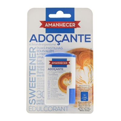 Embalagem de adoçante AMANHECER em pastilhas, branca e azul, 30 unidades, com imagem de bebida cremosa