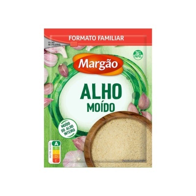 Embalagem de alho moído Margão em formato familiar com fundo verde e imagens de alho