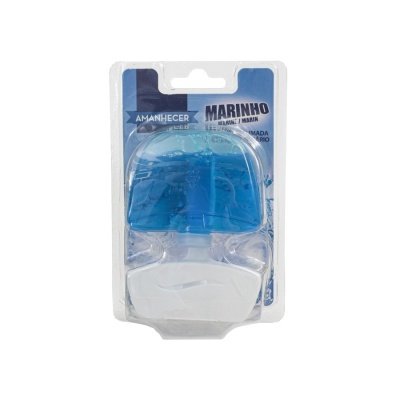 Produto plástico para casa de banho em embalagem blister com líquido azul