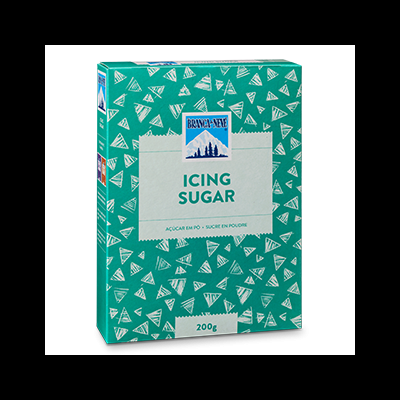 Pacote verde de açúcar em pó com padrão branco e etiquetas azuis