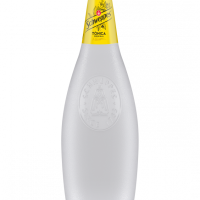 Garrafa de tónica Schweppes de plástico com rótulo amarelo
