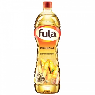 Garrafa de óleo alimentar Fula 1L com rótulo amarelo e vermelho e ilustração de batatas fritas