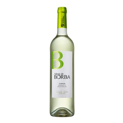 Garrafa de vinho branco Adega de BORBA do Alentejo com rótulo branco e verde