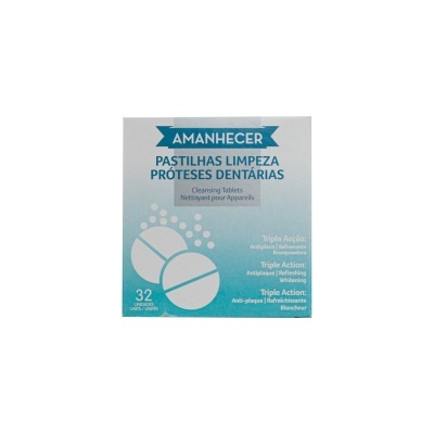 Caixa azul e branca de pastilhas limpeza próteses dentárias Amanhecer com texto em português e inglês