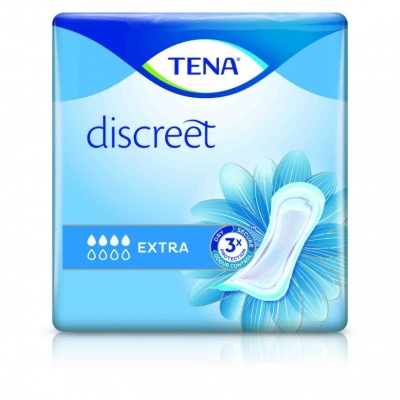 Embalagem azul do produto TENA discreet com texto EXTRA e imagem absorvente