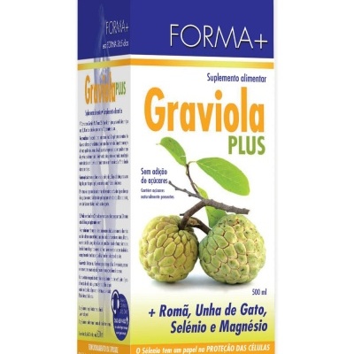 Embalagem de suplemento alimentar Forma+ Graviola Plus com imagem da fruta graviola e texto informativo