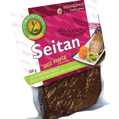 Embalagem de Seitan 100% vegetal, 300g, com selo natural e texto vegano