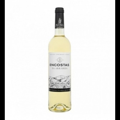 Garrafa de vinho branco Encostas da Arrábida com rótulo branco e preto e desenho de montanhas