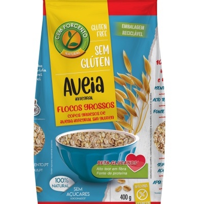 Pacote colorido de aveia integral sem glúten com imagem de tigela azul e cacho de aveia