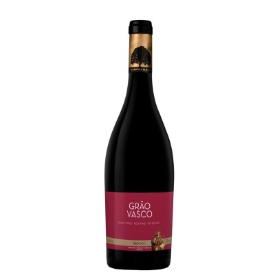 Garrafa de vinho tinto GRÃO VASCO com rótulo rosa e cápsula preta e dourada