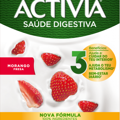 Embalagem de iogurte Activia sabor morango com texto em português e imagem de morangos